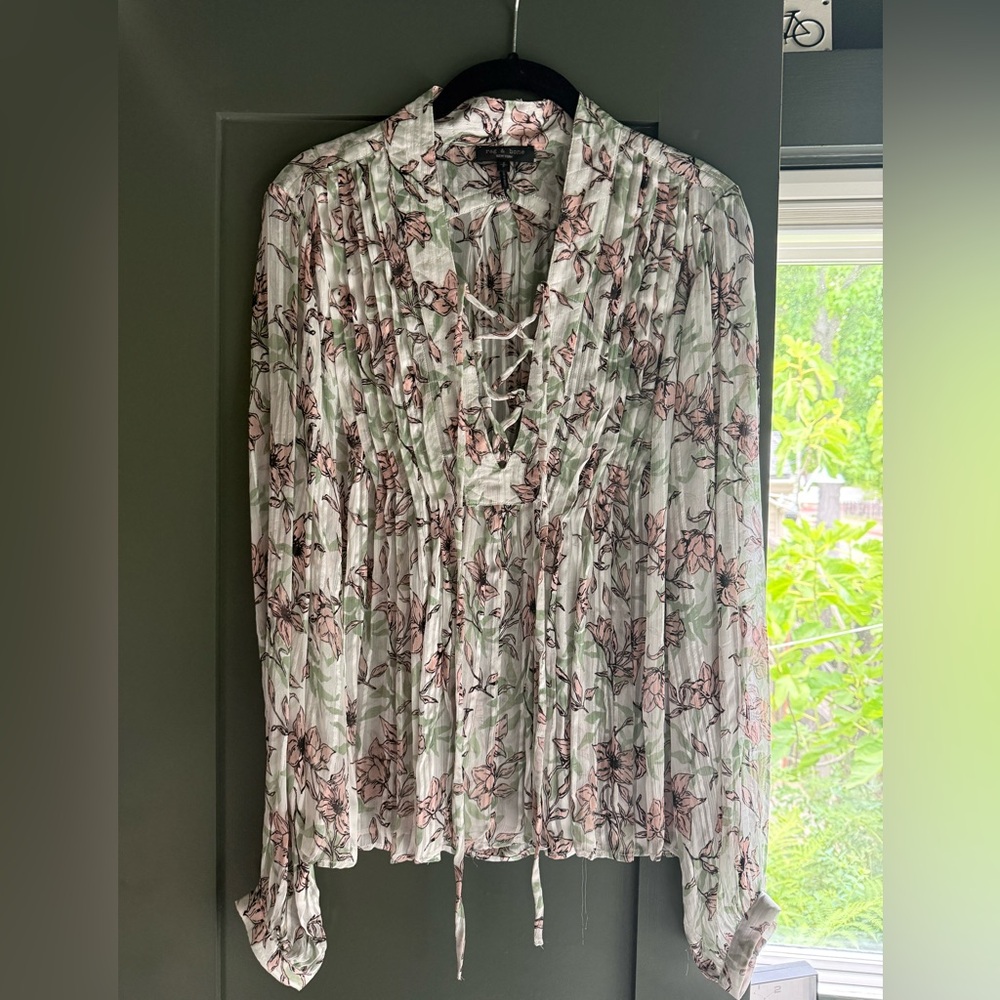 rag & bone Pink Floral Pleated Lace-Up Blouse on Soft Green
